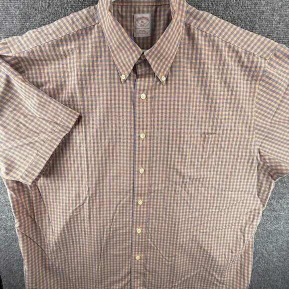 Brooks Brothers Check Non-Iron Cotton XL Button-Down Short Sleeve Blue Orange - Picture 1 of 16